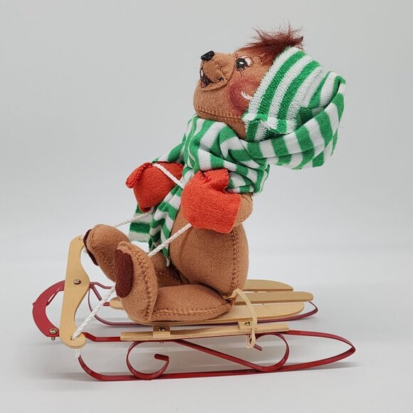 1988 Annalee Bear on Wood Sled 10" Tall Green White Scarf Christmas Decor VTG - Picture 3 of 8